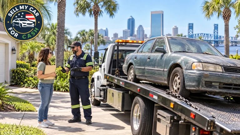 A Jacksonville owner discusses an older car and paperwork with a buyer in a palm-lined setting.