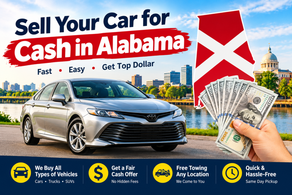 Sell your car for cash in Alabama with quick cash offers, free towing, and hassle-free vehicle pickup.