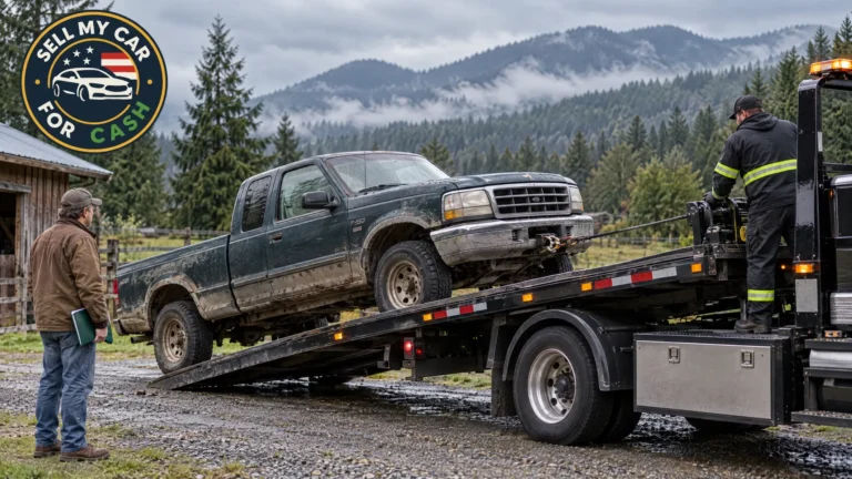A truck owner discusses a pickup with a buyer near the Cascade Mountains in Washington.