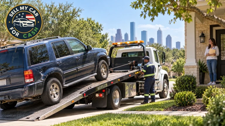 A flatbed truck picks up an SUV outside a Houston home, with the city skyline in the distance.
