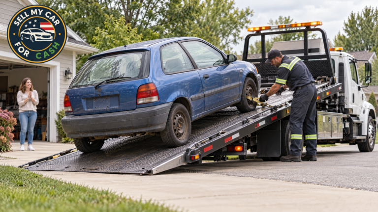 A flatbed tow truck loads a non-running hatchback for pickup from a home driveway.