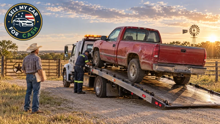 A flatbed collects a work-worn red pickup from a rural Texas property.