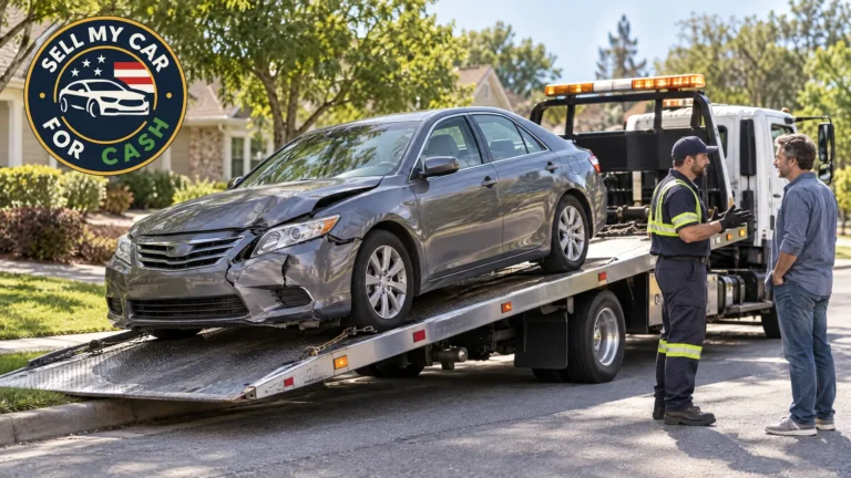 A buyer inspects front-end damage on a parked car while the owner looks on.