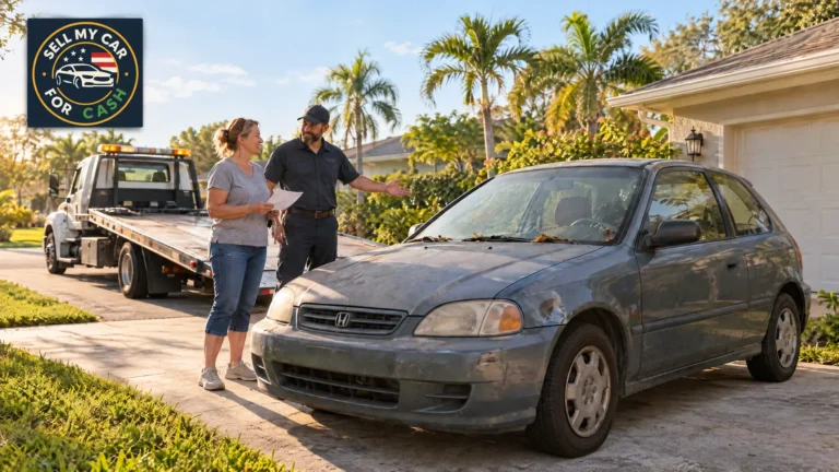 Woman beside her used car as a pickup representative helps arrange its removal in Florida