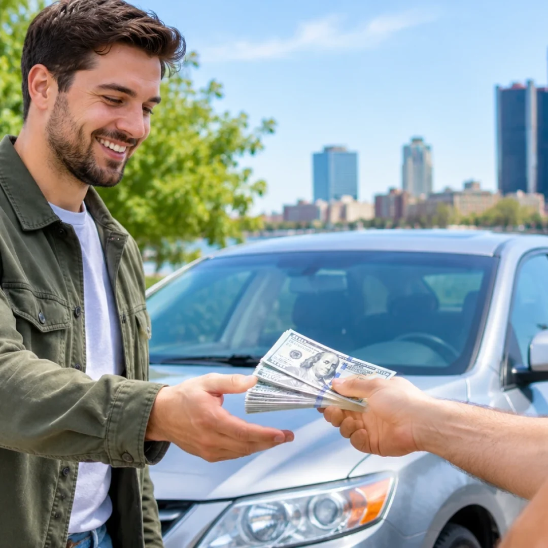A car owner receiving cash from a buyer beside a silver sedan, representing selling a car for cash in Michigan.