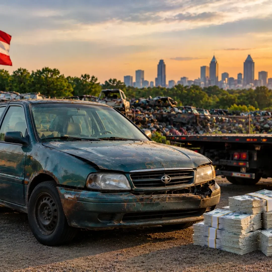 Old teal sedan parked in a Georgia salvage yard beside stacks of US dollar bills and a flatbed tow truck, with the Georgia state flag and Atlanta city skyline in the background.