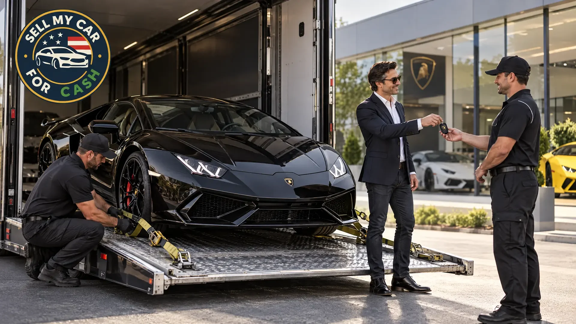 An owner reviews details with a buyer beside a yellow Lamborghini outside a modern home.