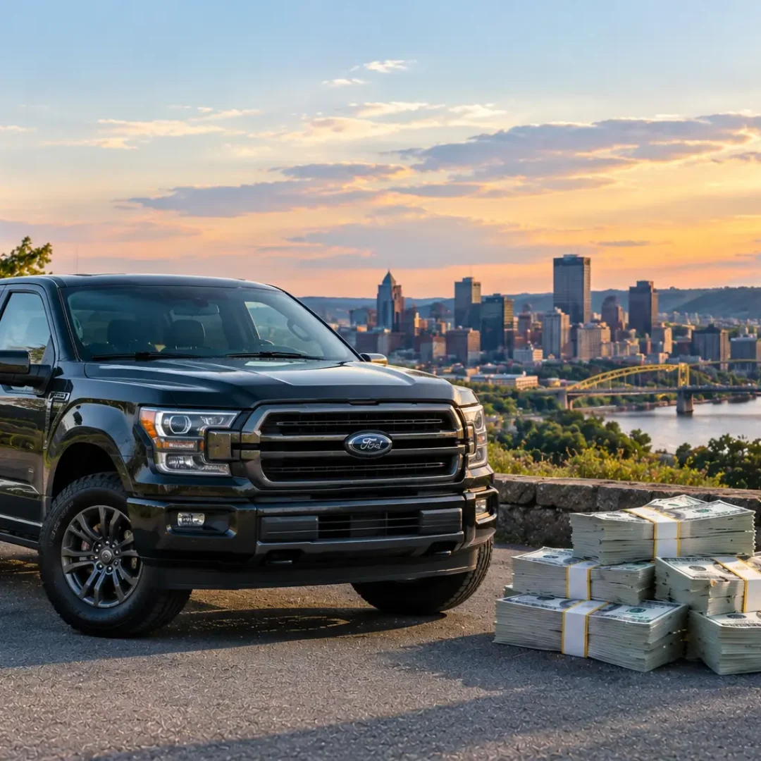 Dark charcoal pickup truck parked near a scenic Pennsylvania riverfront with stacks of US dollar bills beside it.