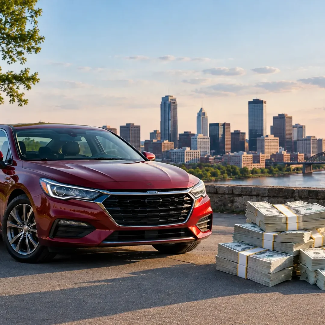 Maroon sedan parked near a scenic Ohio city waterfront with stacks of US dollar bills beside it.