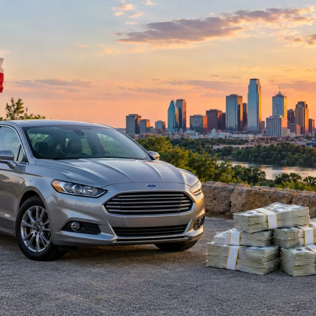 Silver sedan parked near a Texas city skyline with the Texas state flag and stacks of US dollar bills beside it at sunset.