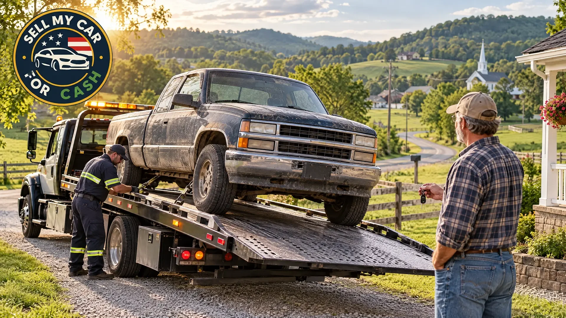 A Kentucky truck owner talks with a buyer beside a pickup on a farm, with rolling green hills behind them.