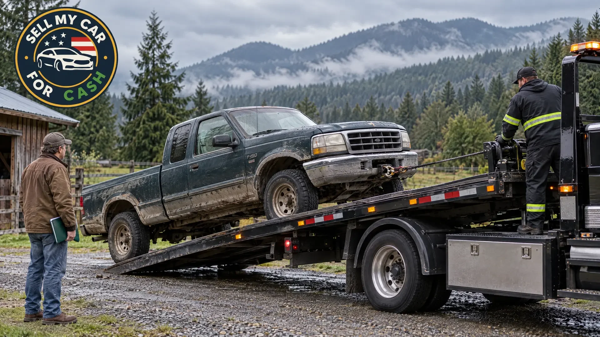 A truck owner discusses a pickup with a buyer near the Cascade Mountains in Washington.
