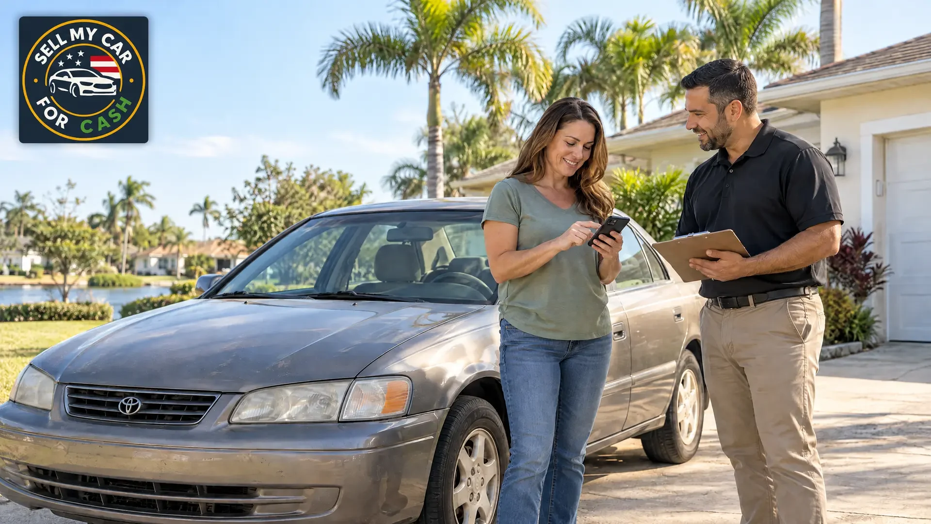 Florida car owner talking with a vehicle buyer beside an older used car