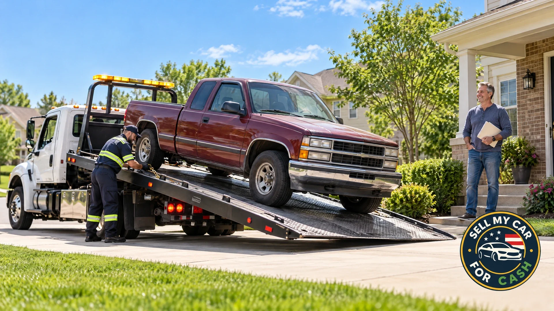 A car owner discusses a fair cash offer with a buyer beside a used sedan in a driveway.