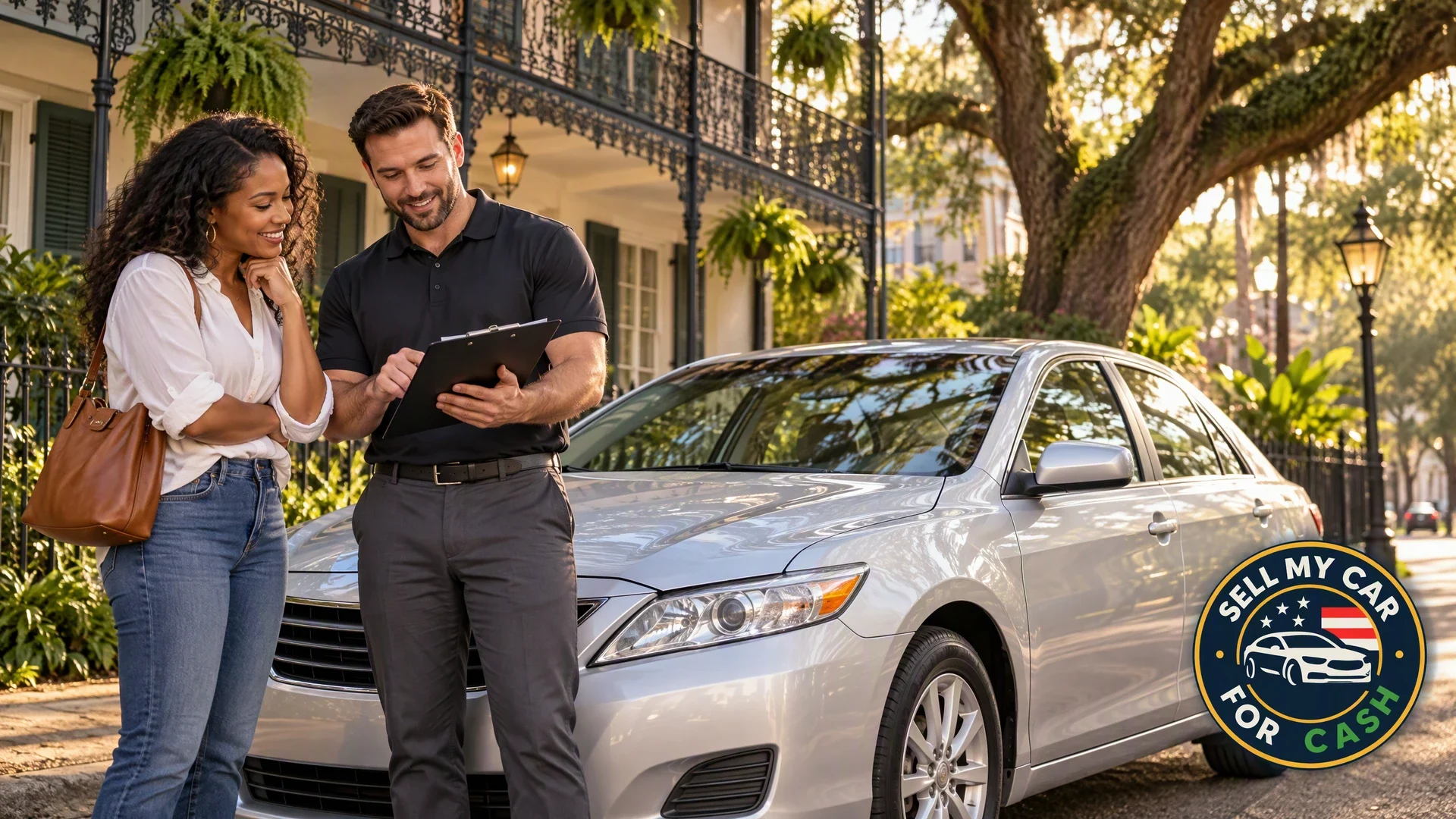 A buyer inspects a worn sedan beside a flatbed tow truck in a New Orleans driveway.