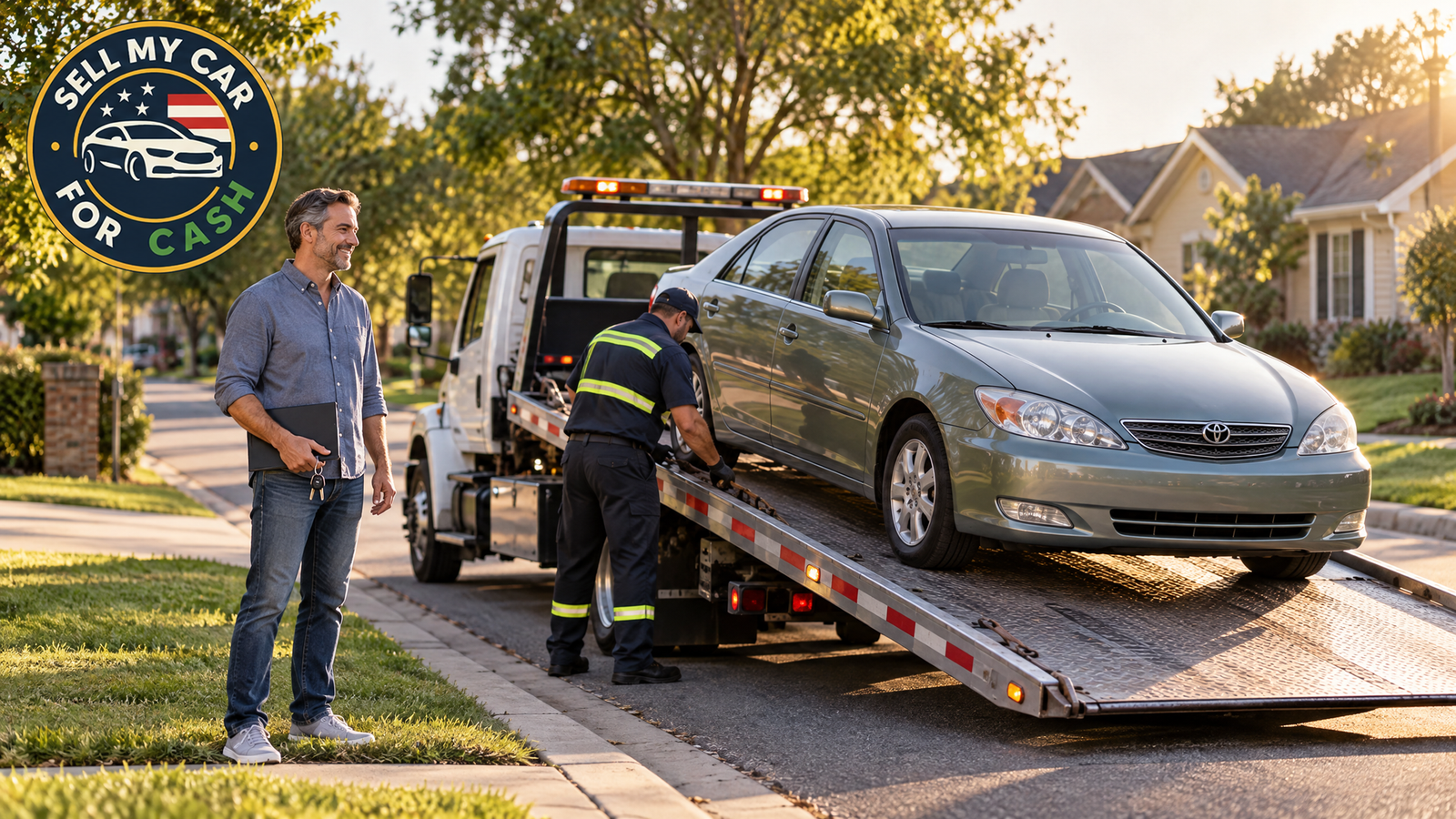 A professional loads a used sedan onto a flatbed while the owner holds the car keys nearby.