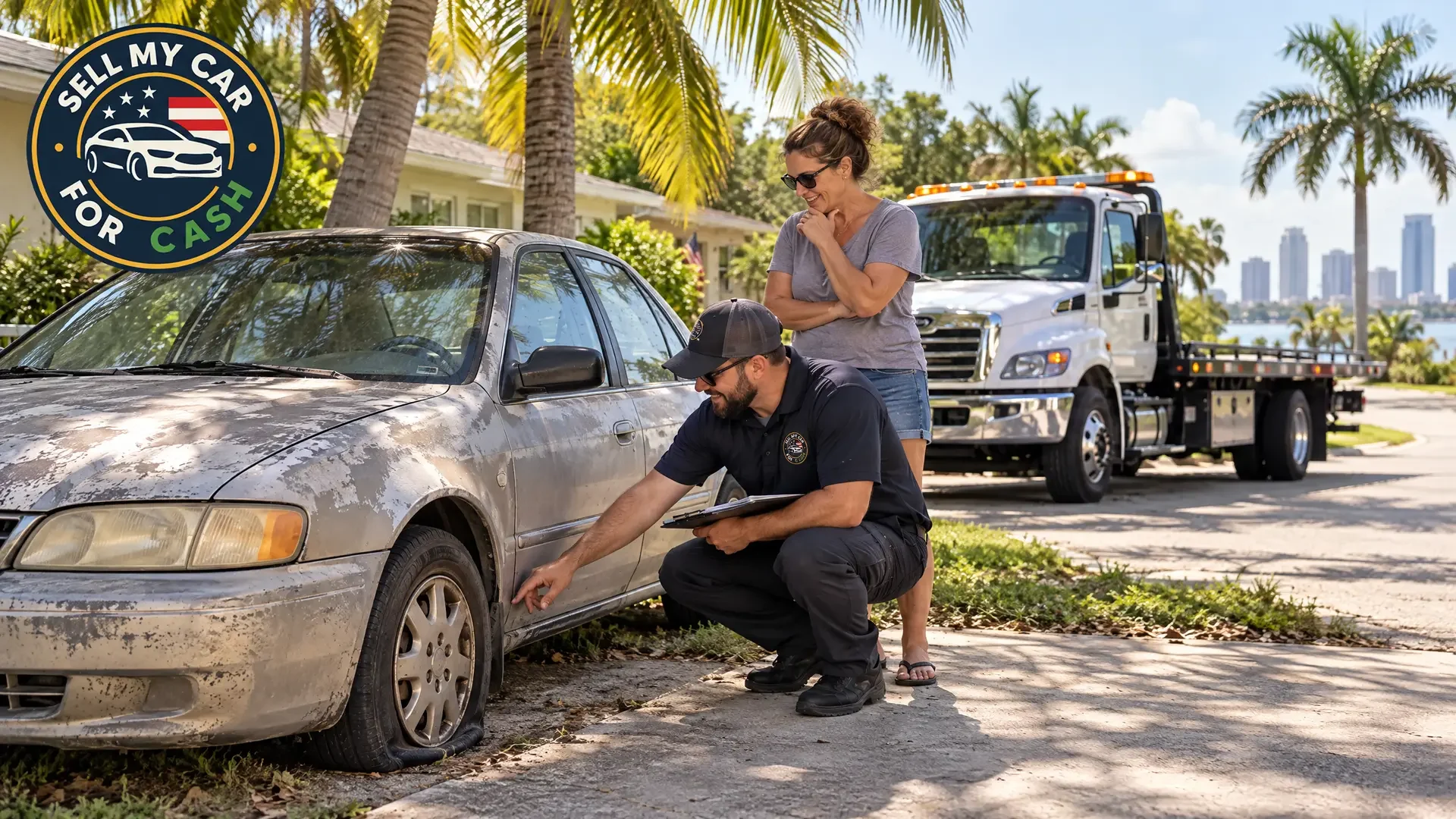 A Tampa car owner meets a tow-truck operator beside an older car in a palm-lined driveway.